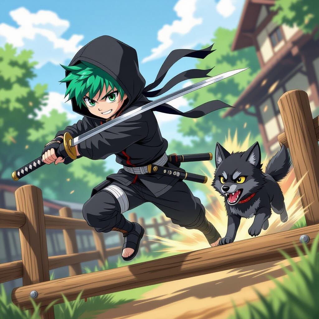 Ninja Boy with Sword and Wolf Chase in Anime Style