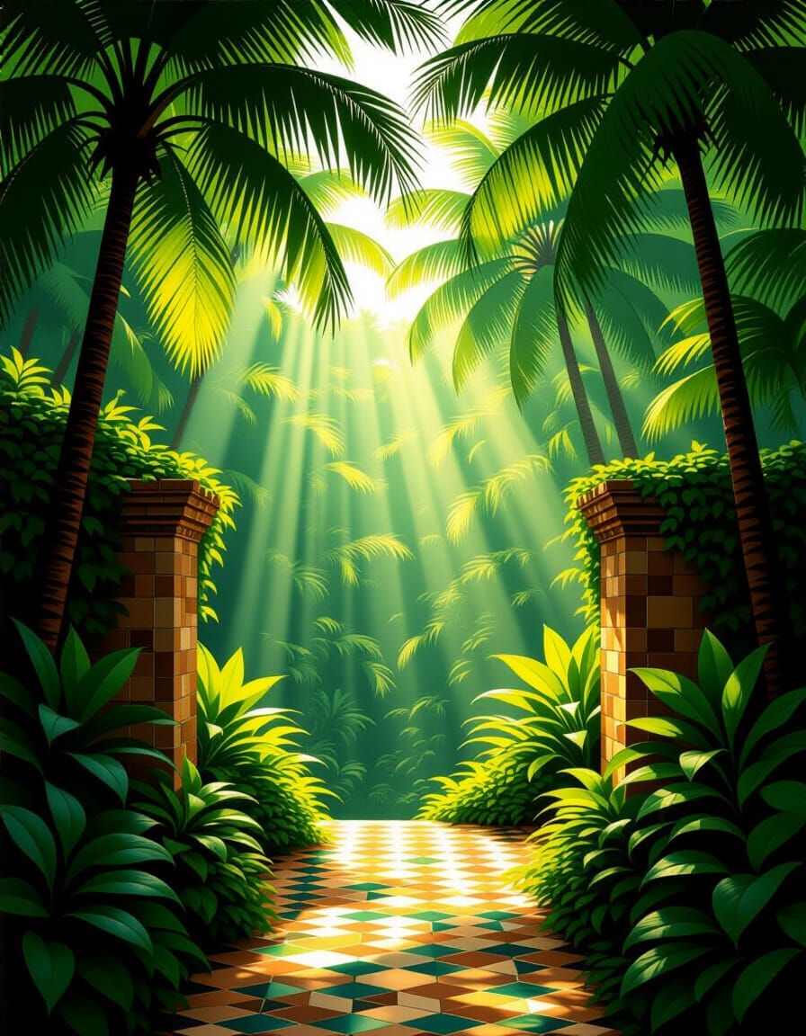 Lush Green Oasis with Arabesque Palms and Mosaic Ruins