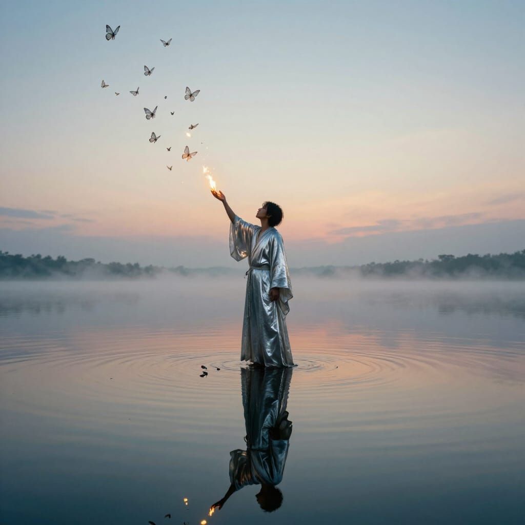 Lone Figure on Infinite Lake at Dawn