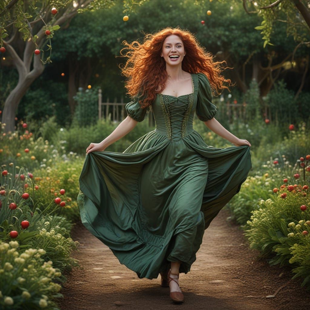 Joyful Woman With Red Hair Runs Through Lit Garden