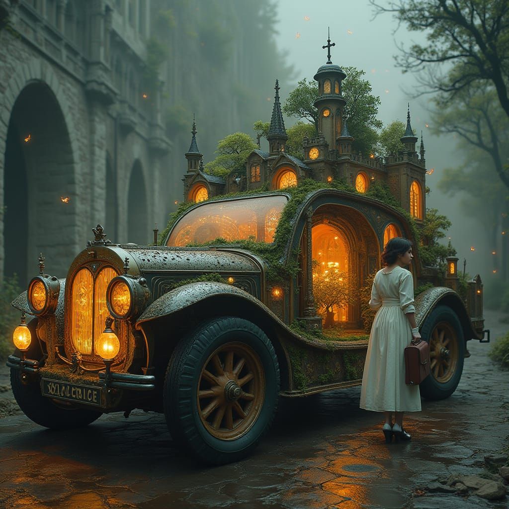 Steampunk Car with Gothic Cathedral Interior