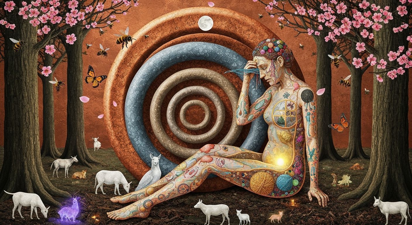 Surreal Bio-Art Collage of 1970s Sculptor Amidst Her Creatio...