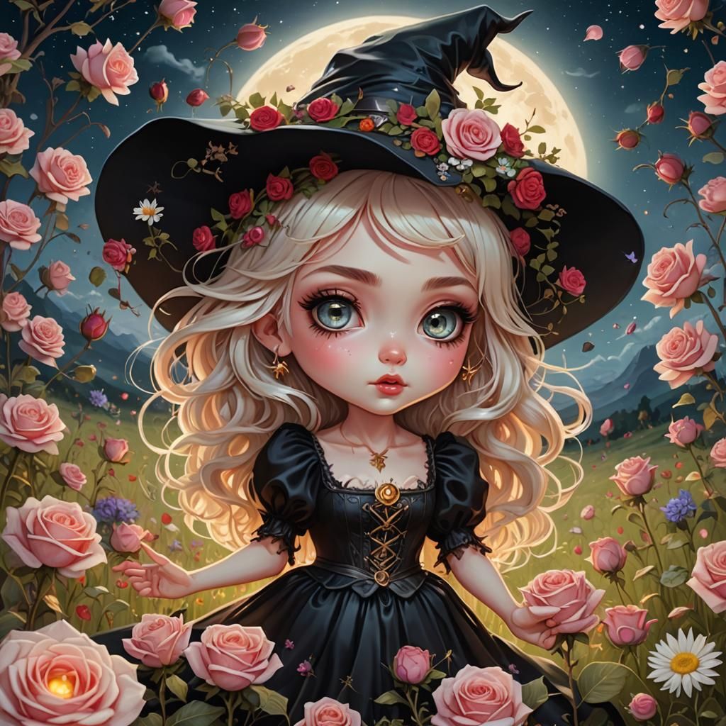 Chibi Witch Casting Spell on Flower Field