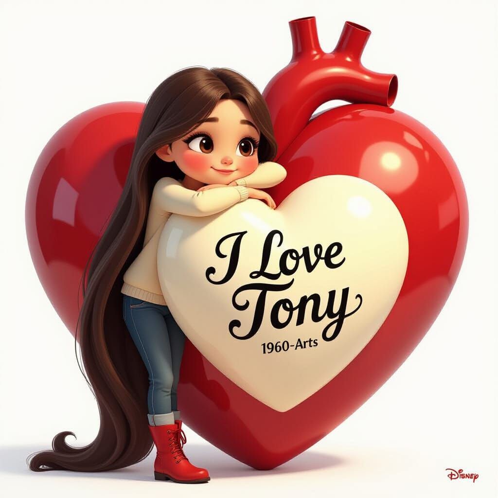 Girl Leaning on Heart in Vibrant 3D Pixar Style