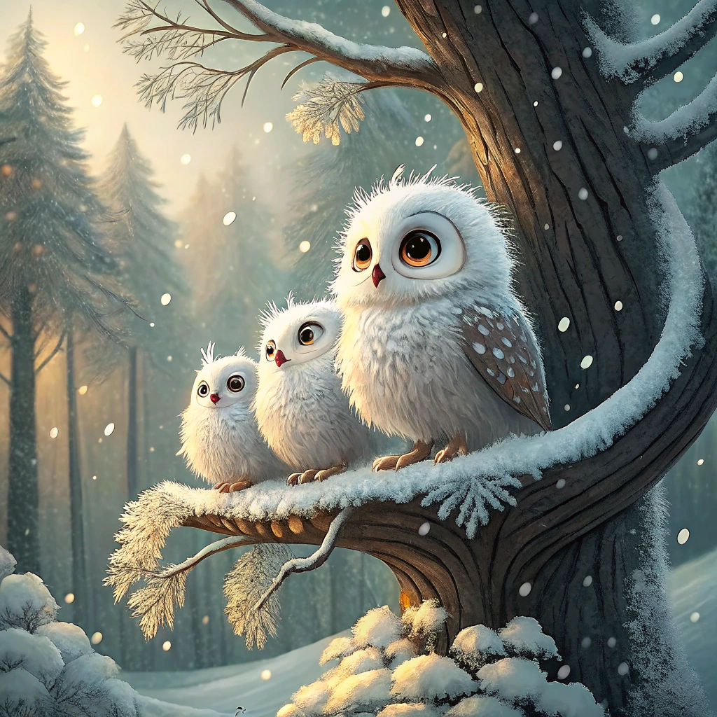White Owls in Winter Wonderland
