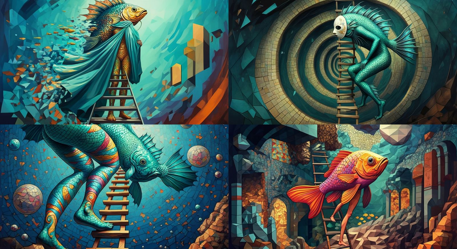 Surrealist Mosaic Fish Ascends Infinite Ladder