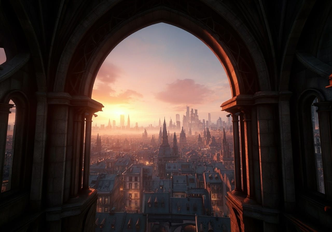 Cyberpunk Cityscape at Sunset from Gothic Belltower