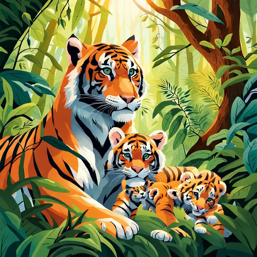Playful Tiger Cub with Mother in Lush Jungle Art