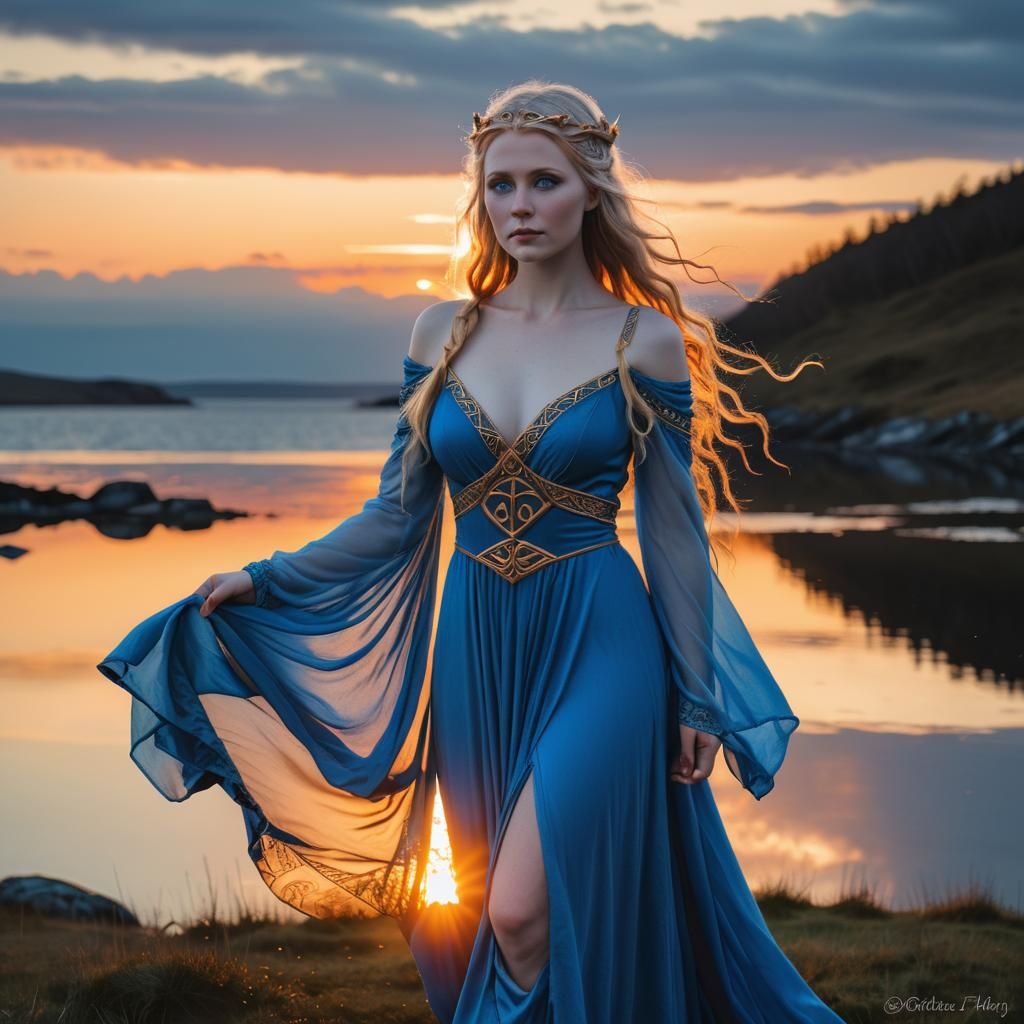 Norse Goddess in Blue Gown at Sunset