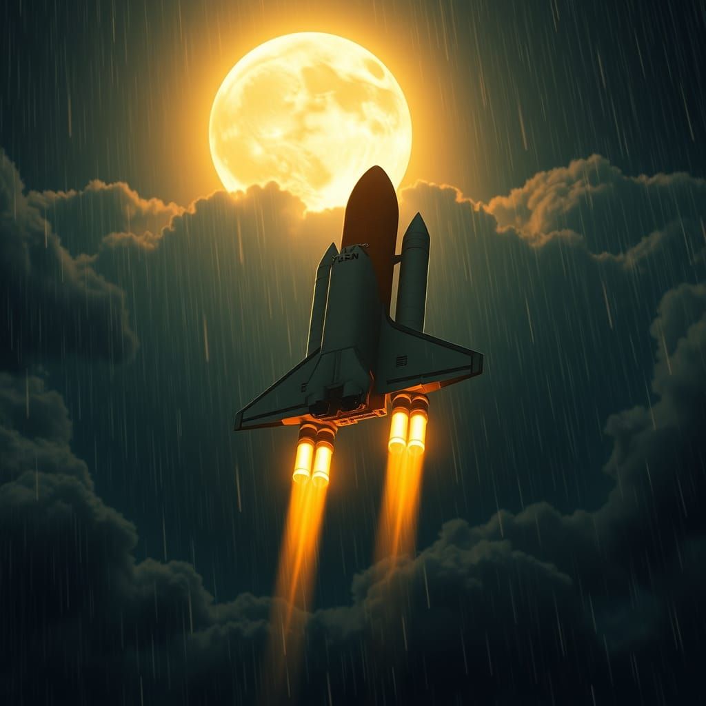 Space Shuttle Ascent Through Rain in Photorealistic Style