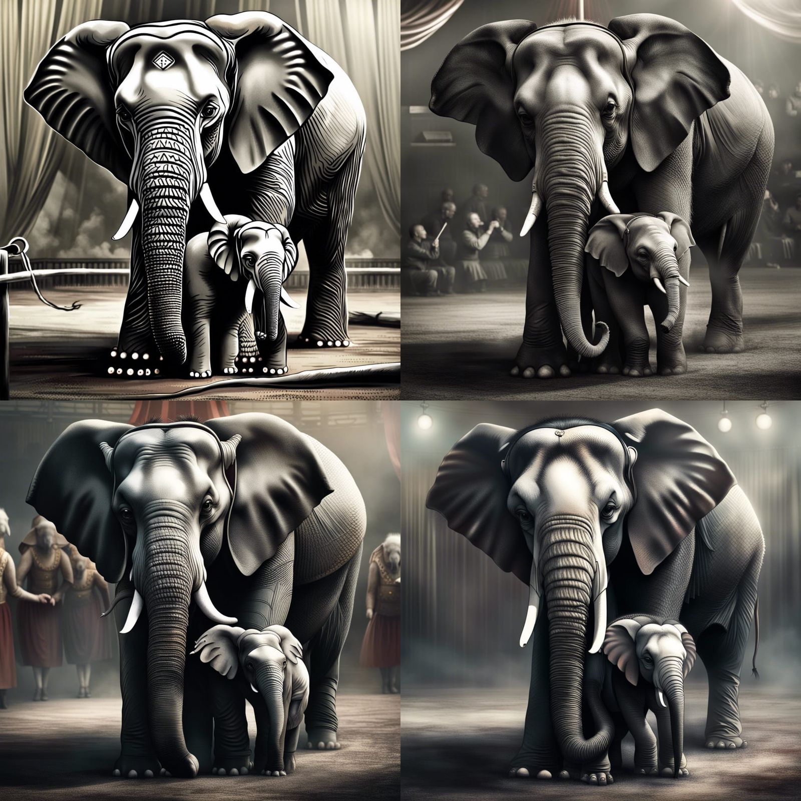 Protective Mother Elephant and Baby in Circus