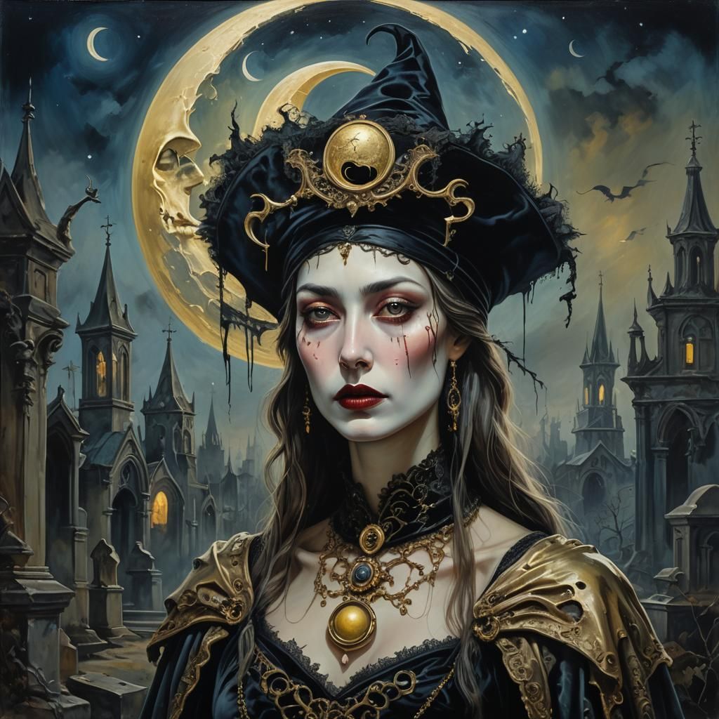 Mysterious Woman in Graveyard: Surrealist Oil Painting