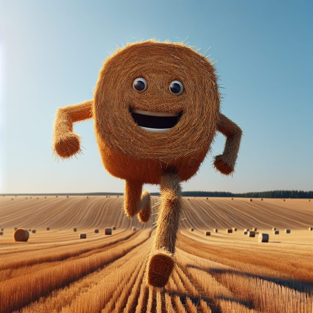 Anthropomorphic Straw Bale Running Through Golden Field