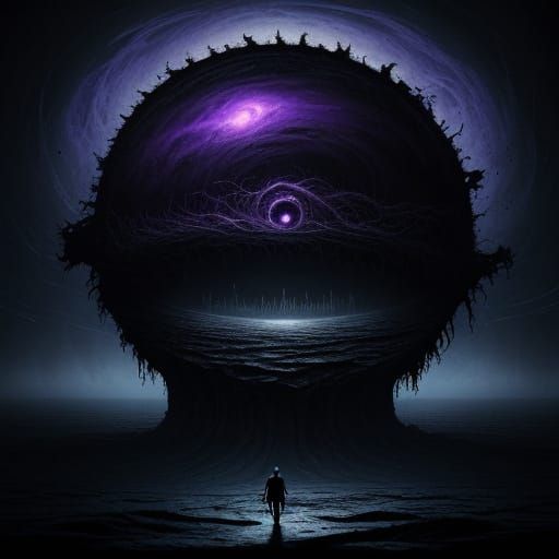 Surreal Cosmic Horror: Figure Gazes Into Abyss