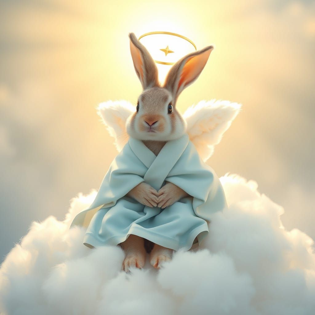Angel Bunny on Plush White Cloud in Baby-Blue Robe and Golde...