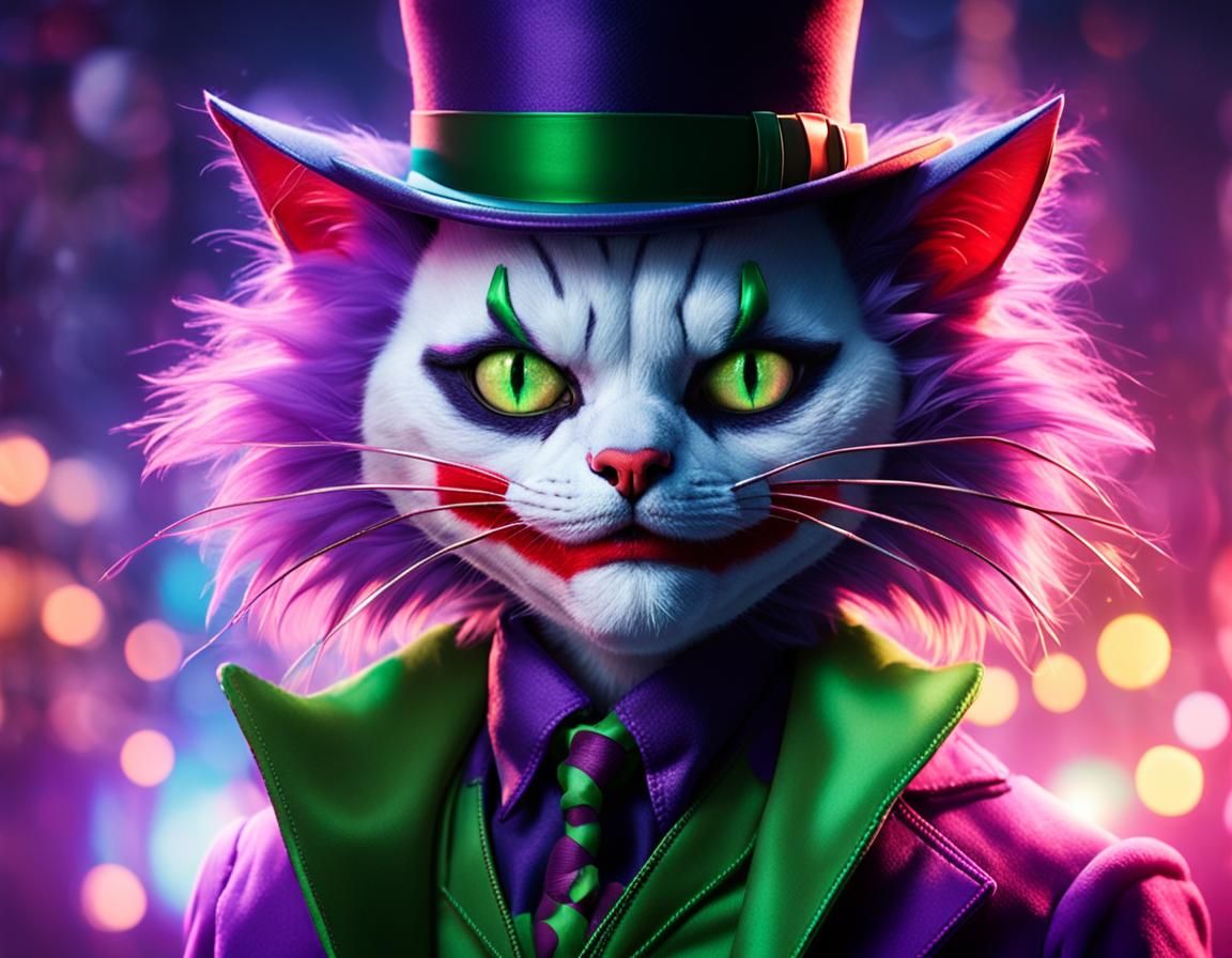 Glowing Joker Cat-Human Hybrid in Liquid Background