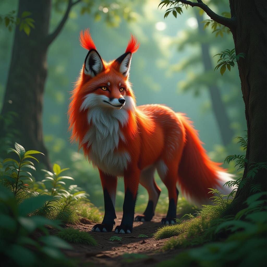 Majestic Red Creature in Lush Forest, Hyperrealistic Style