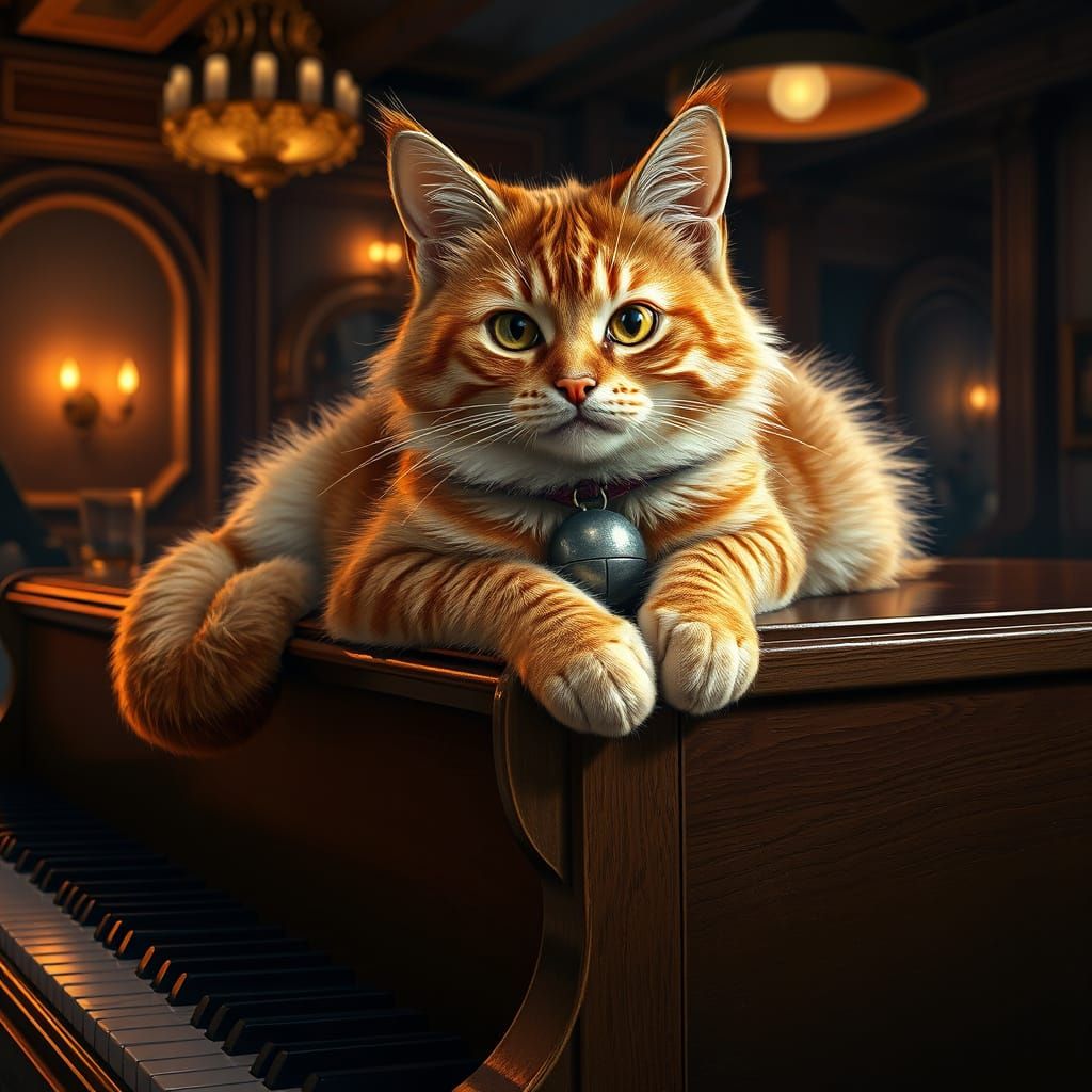 Tabby Cat on a Polished Piano in a Bar