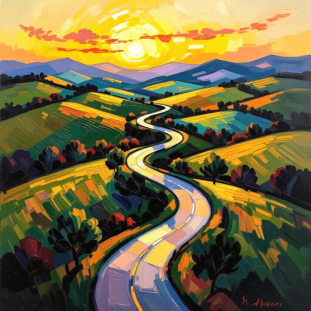 Eagle Eye View of Winding Road, Impasto Oils