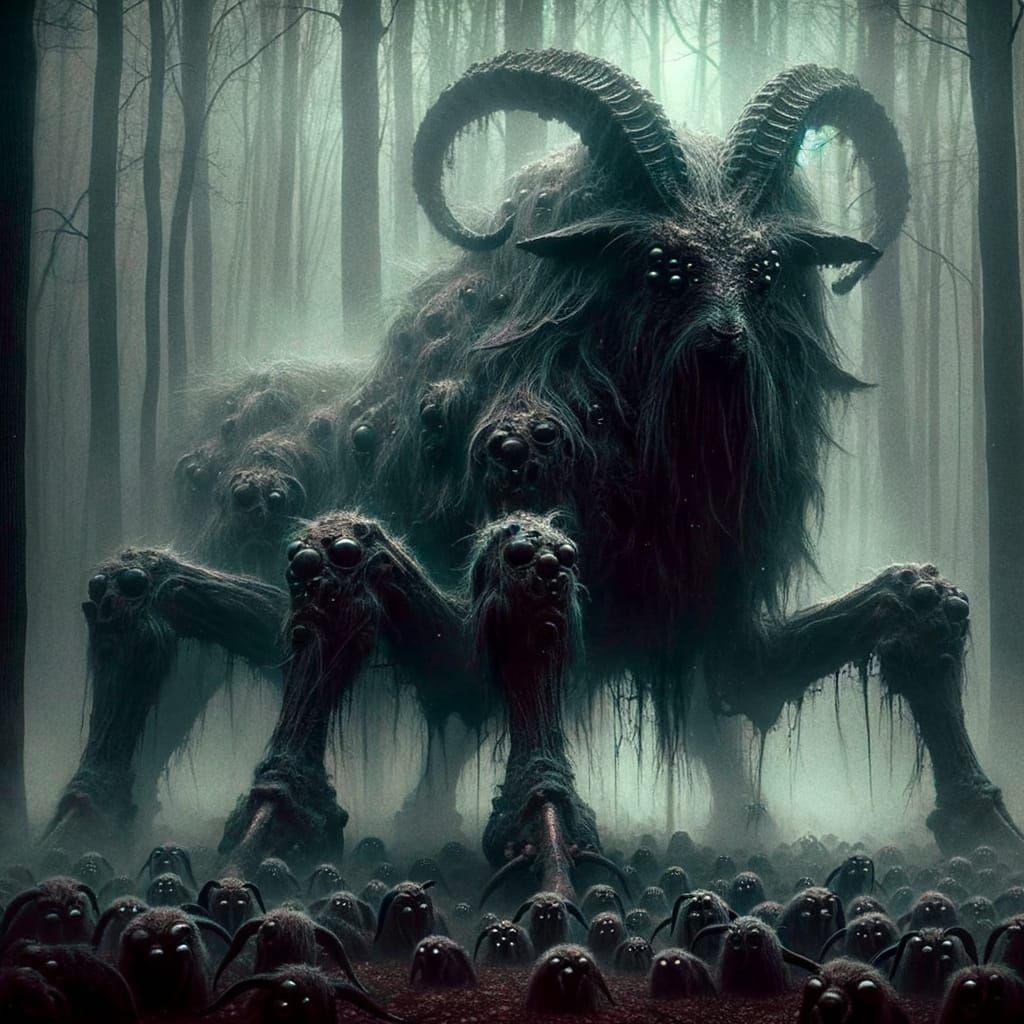 Monstrous Black Goat in Misty Forest