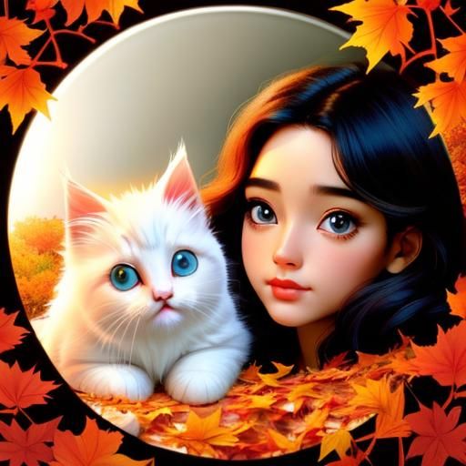Cute Kitten Playing in Autumn Leaves