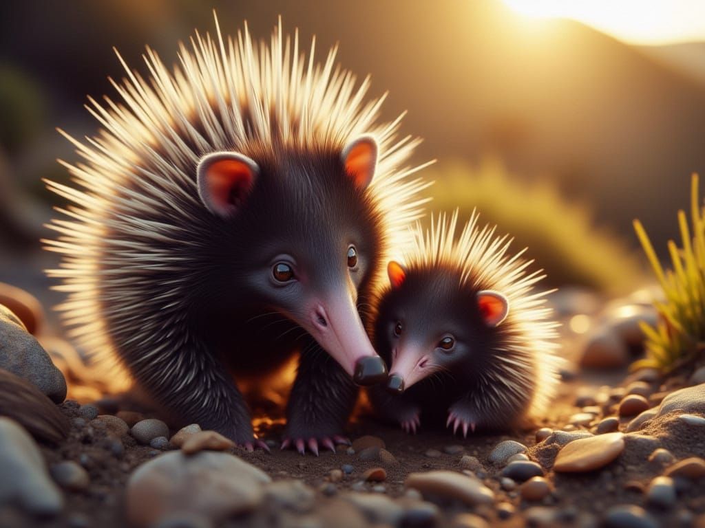 Echidna Mother and Puggle in Golden Light