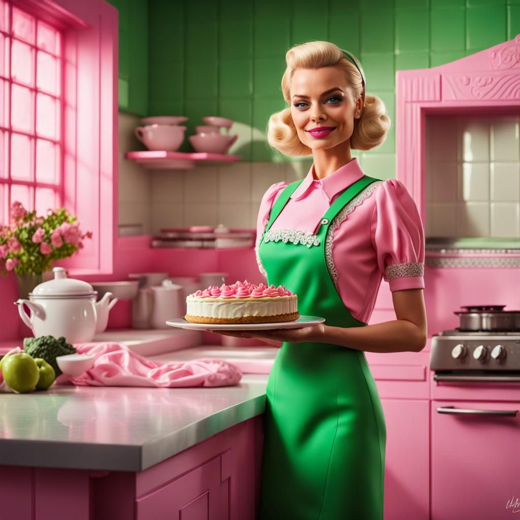 Hyperrealistic Barbie Posing with Pie in Art Deco Kitchen