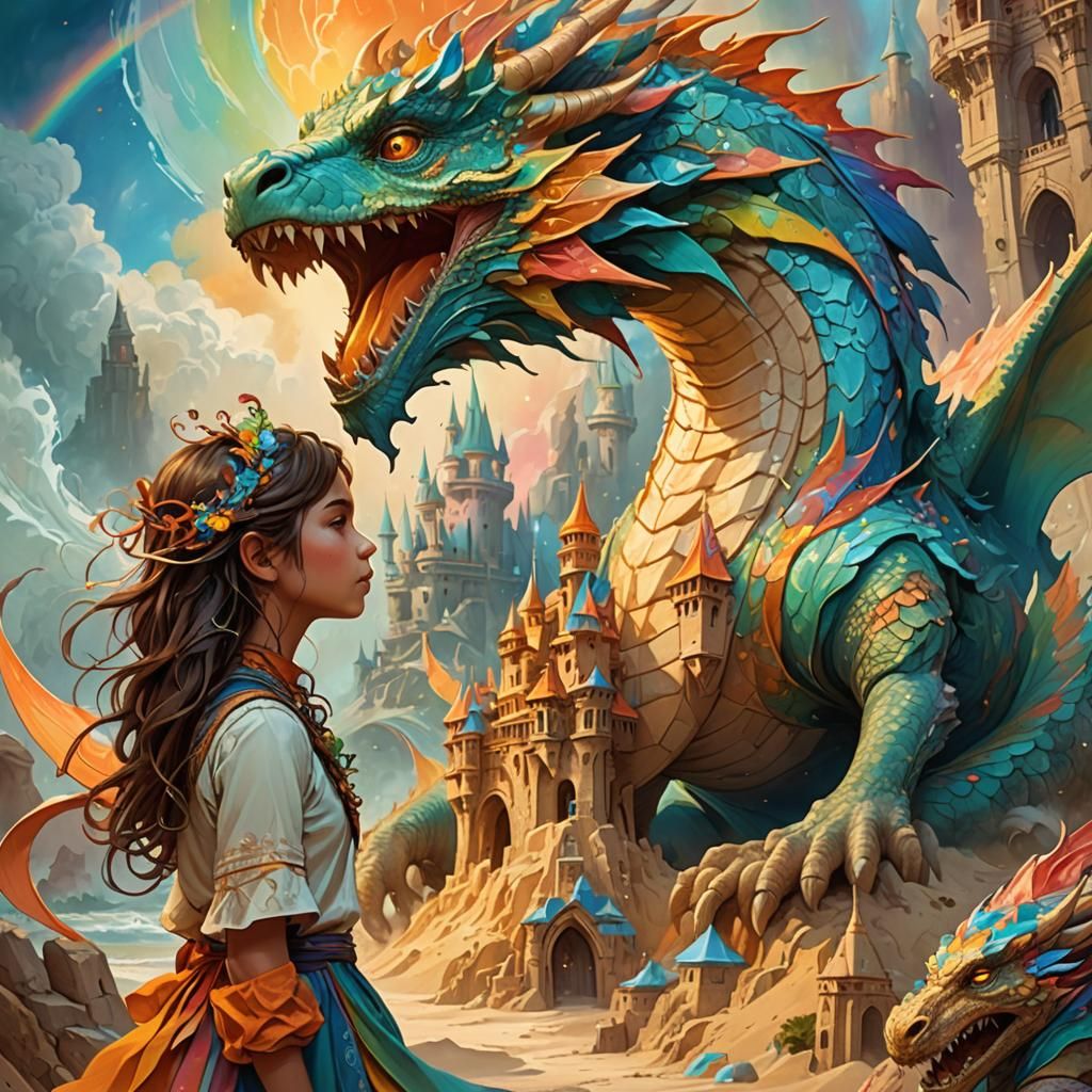 Rainbow Sandcastle Dragon Fantasy Illustration