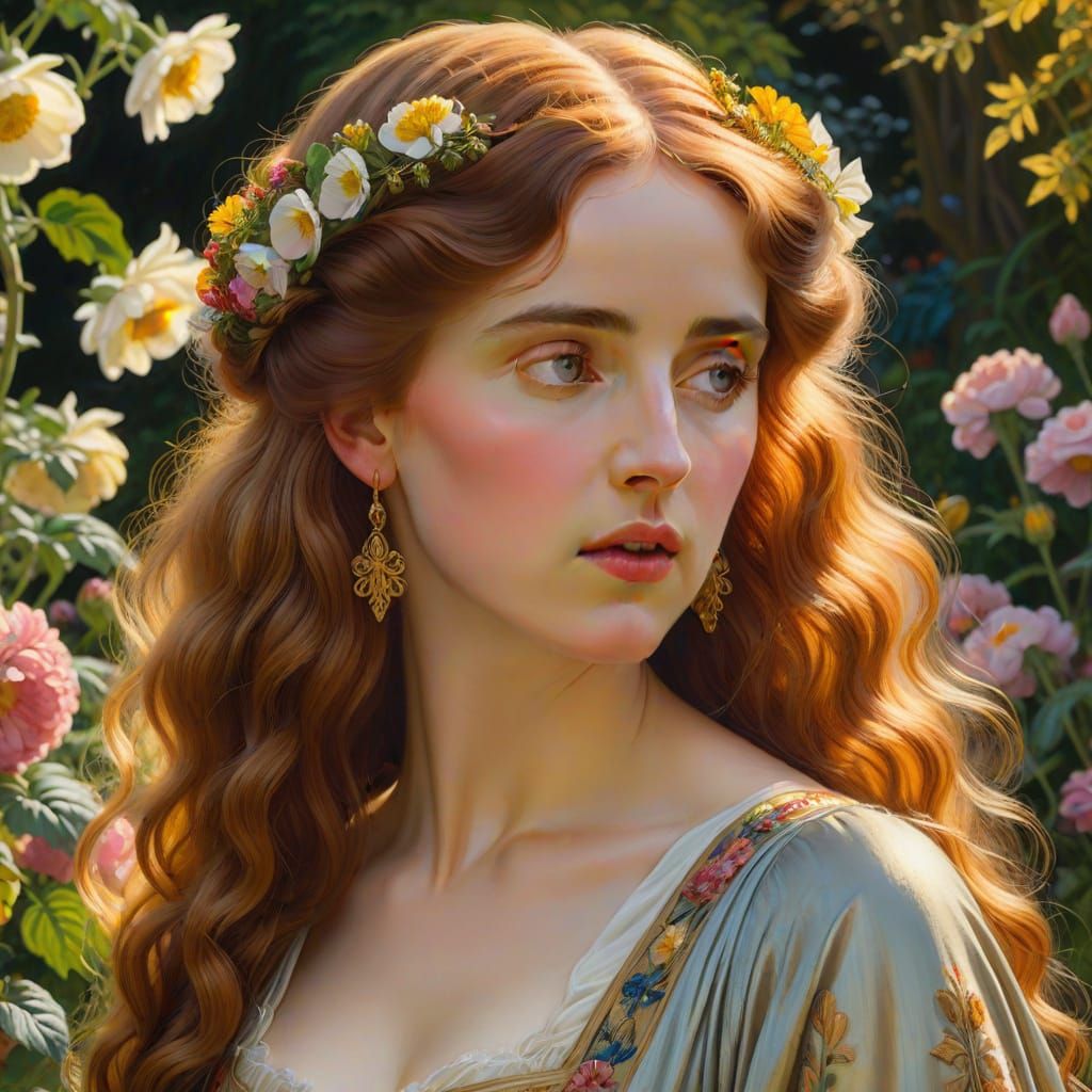 Elegant Woman in Garden: A Pre-Raphaelite Oil Painting