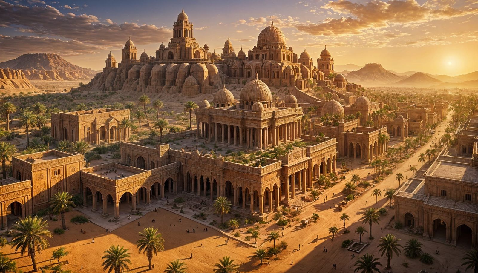 Ancient City Flourishes Under Desert Oasis Twilight
