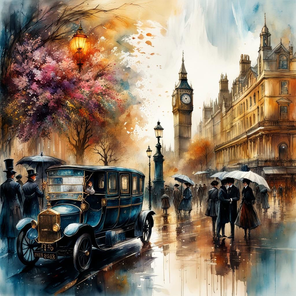 Victorian London Watercolor Illustration in Floral Pastels