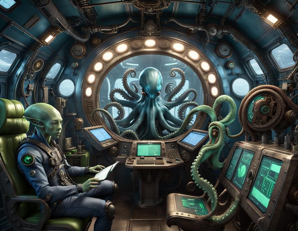 Steampunk Spaceship Control Room with Alien Crew
