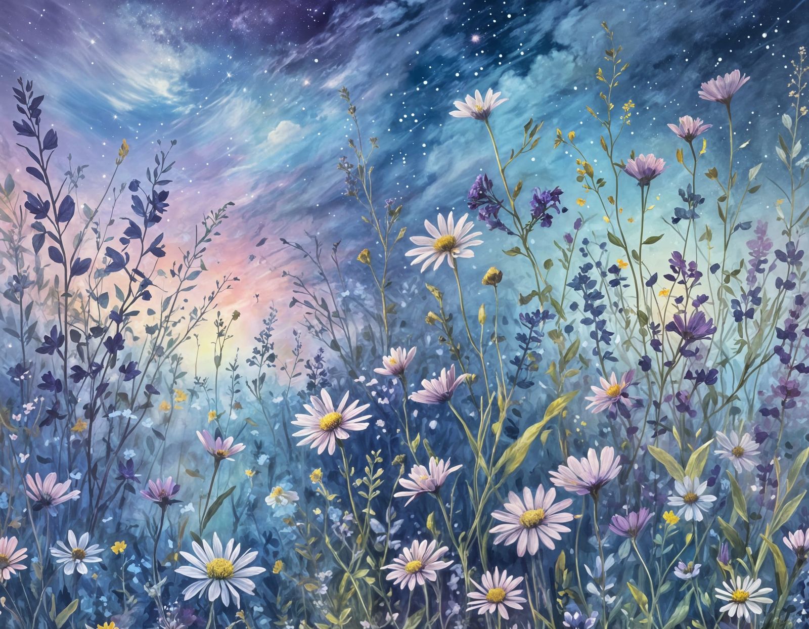 Glowing Wildflower Meadow Under Twilight Sky