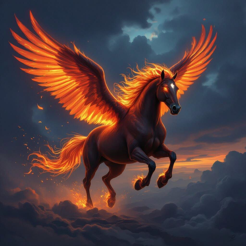 Flaming Horse with Feathered Wings in Stormy Sky