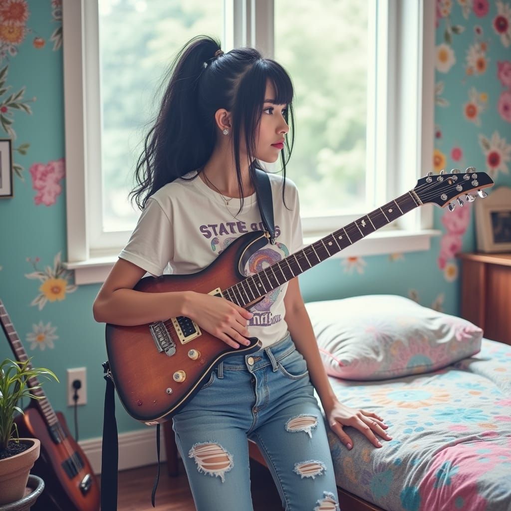 Rocker Woman with Guitar in Cyberpunk Film Noir