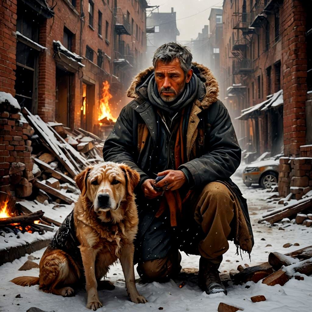 Struggling Man Finds Solace by Flickering Inferno Amidst Rui...