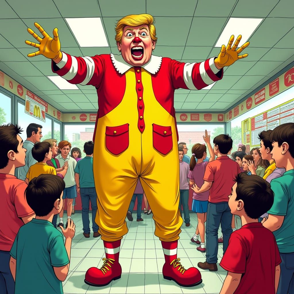 Surreal Satirical Scene of Ronald Trump Menacing Children in...