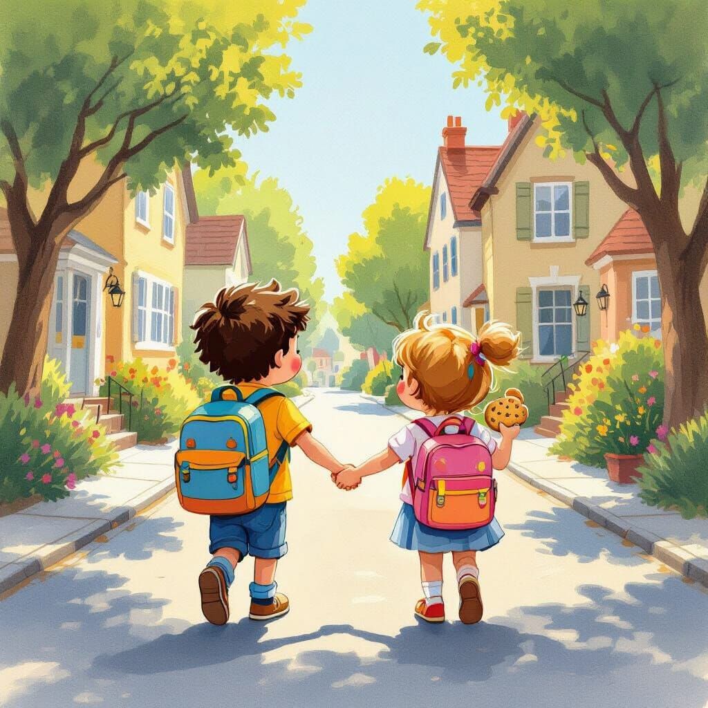 Children Walking to School in Whimsical Style