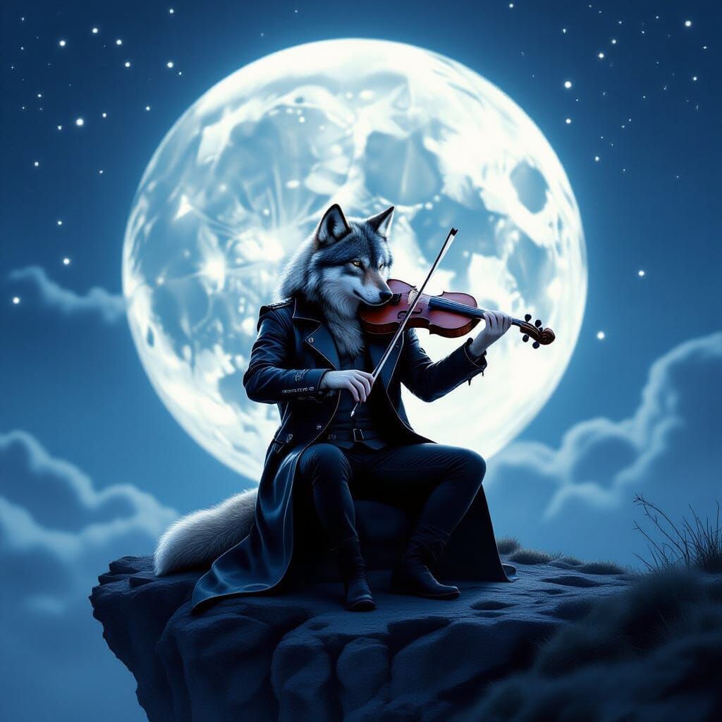 Lone Wolf Plays Crystal Violin Under Full Moon