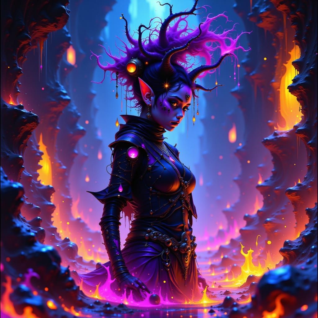 Cyberpunk Demoness Elf with Bioluminescent Tattoos