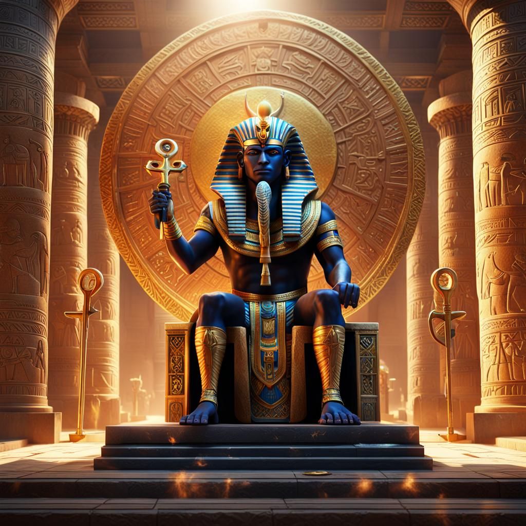 Egyptian God Ra with Falcon Head on Throne