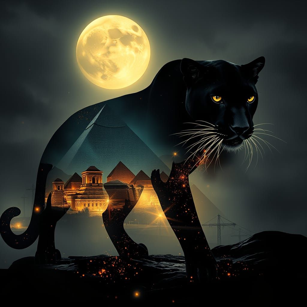 Surreal Egyptian Panther Double Exposure with Giza Pyramids