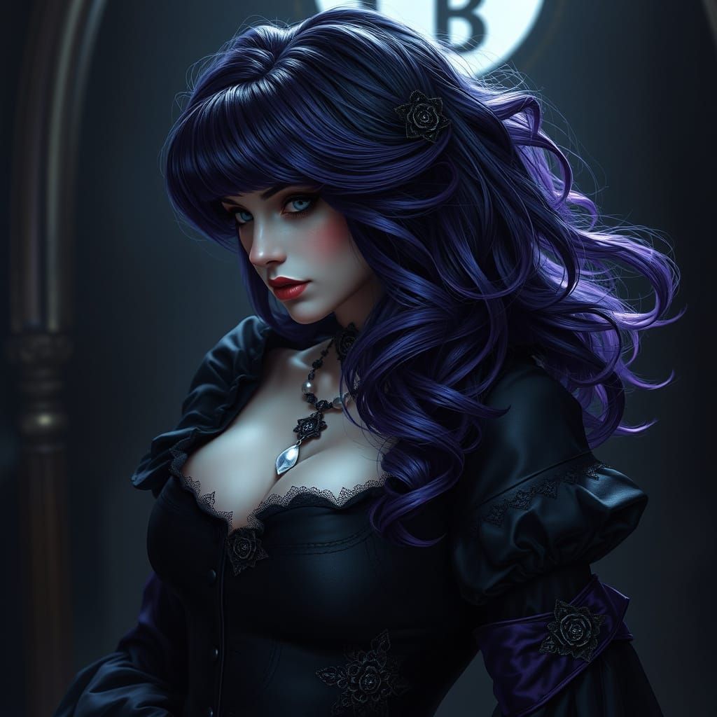 Gothic Woman with Flowing Purple and Black Hair