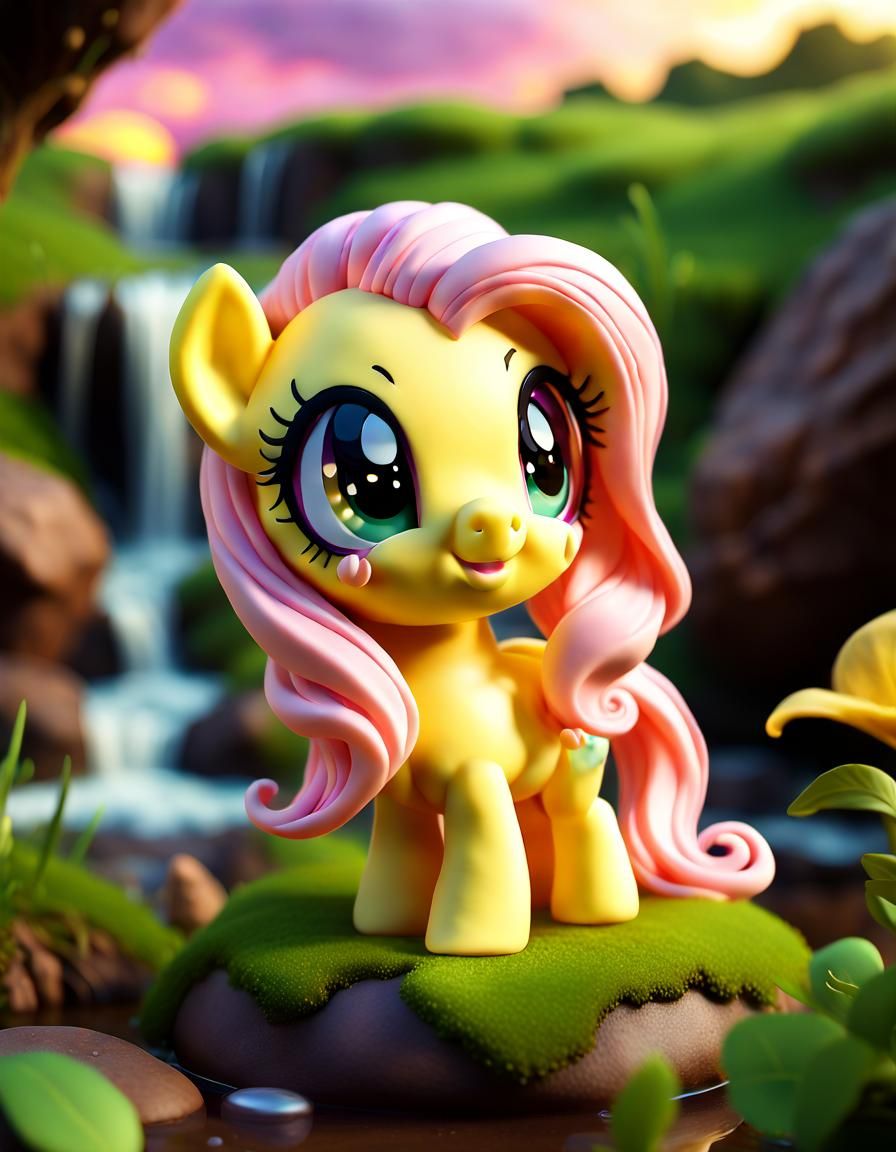 Adorable Chibi Fluttershy in Golden Hour Sunset