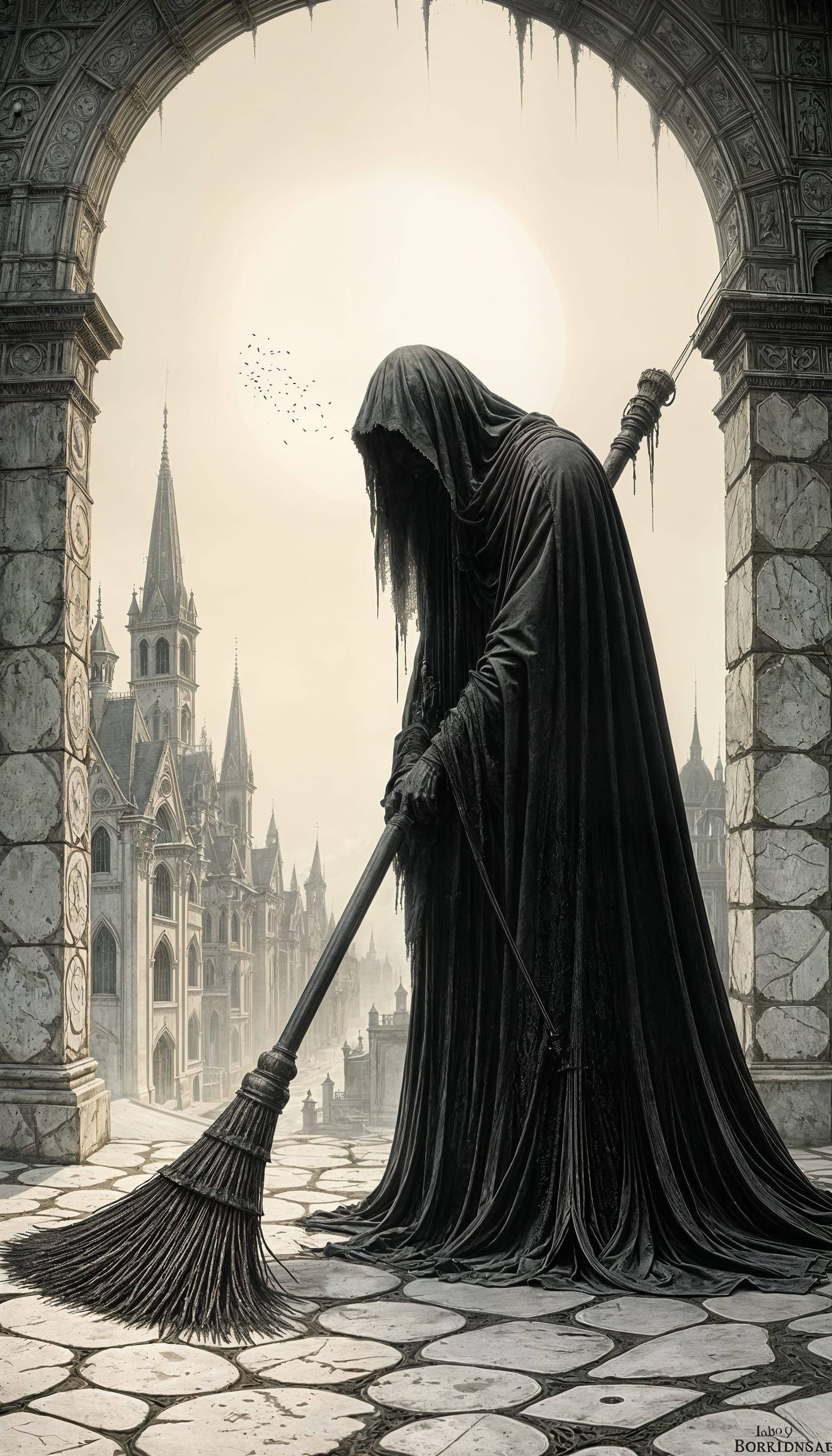 Grim Sweeper's Joyless Task in Gustave Doré Style