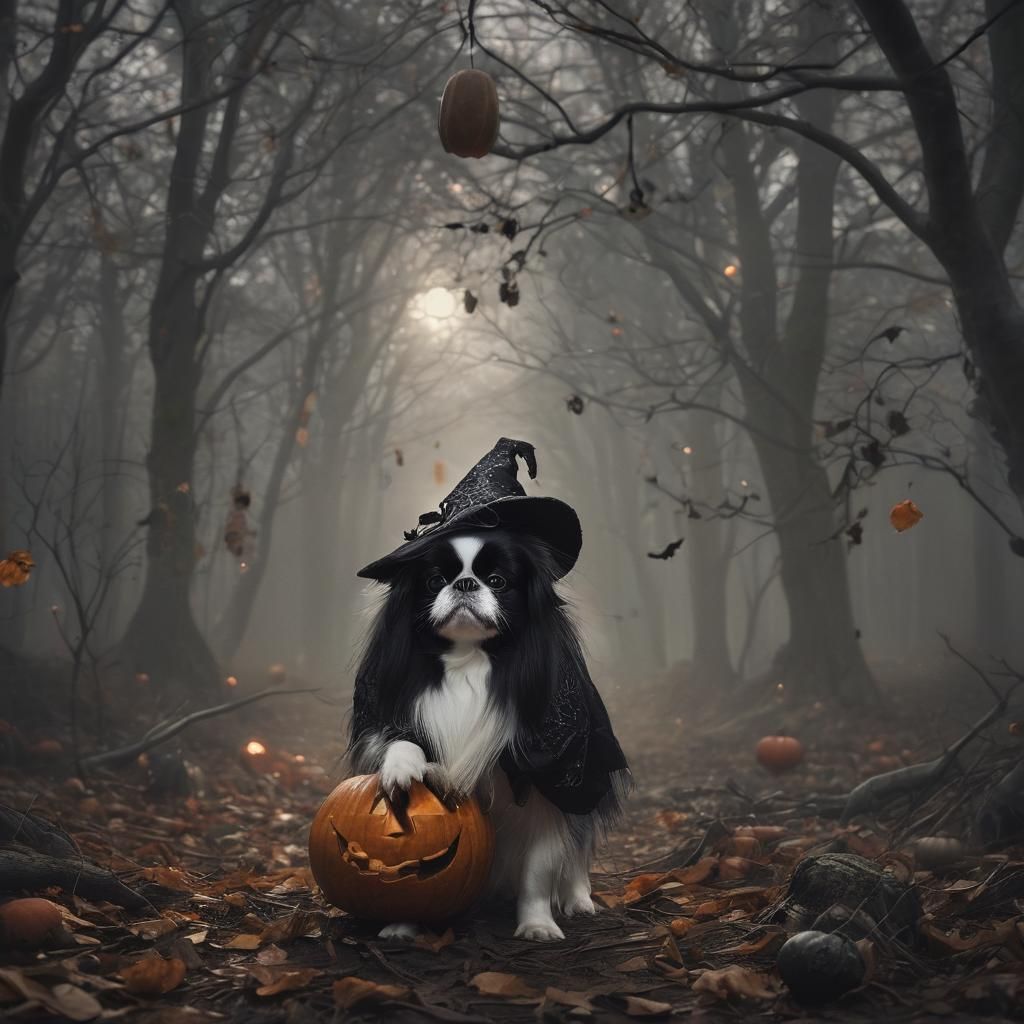 Whimsical Witch Dog in Autumn Forest