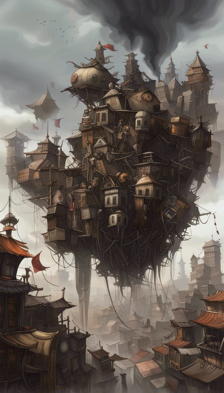 Floating Scrap City: Steampunk Fantasy Concept Art