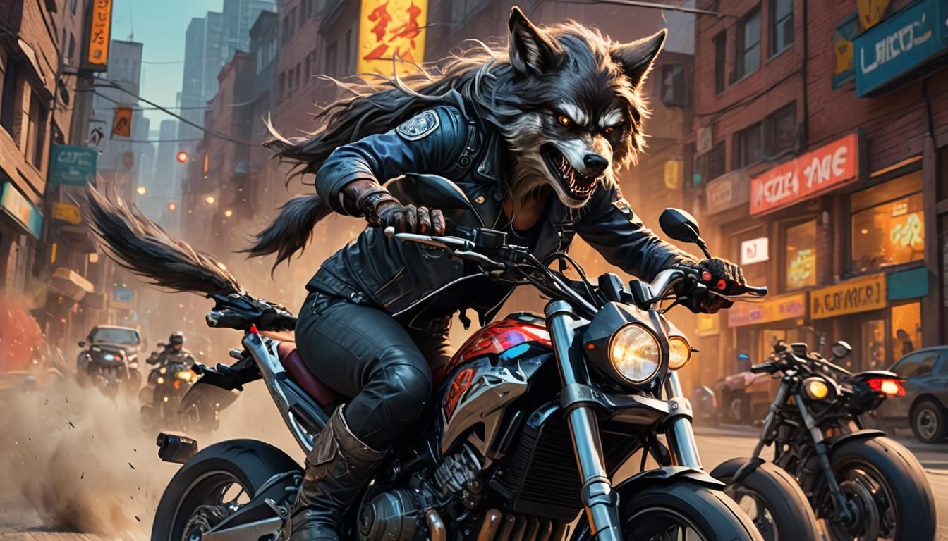 Hyperrealistic Werewolf Biker on Sports Bike