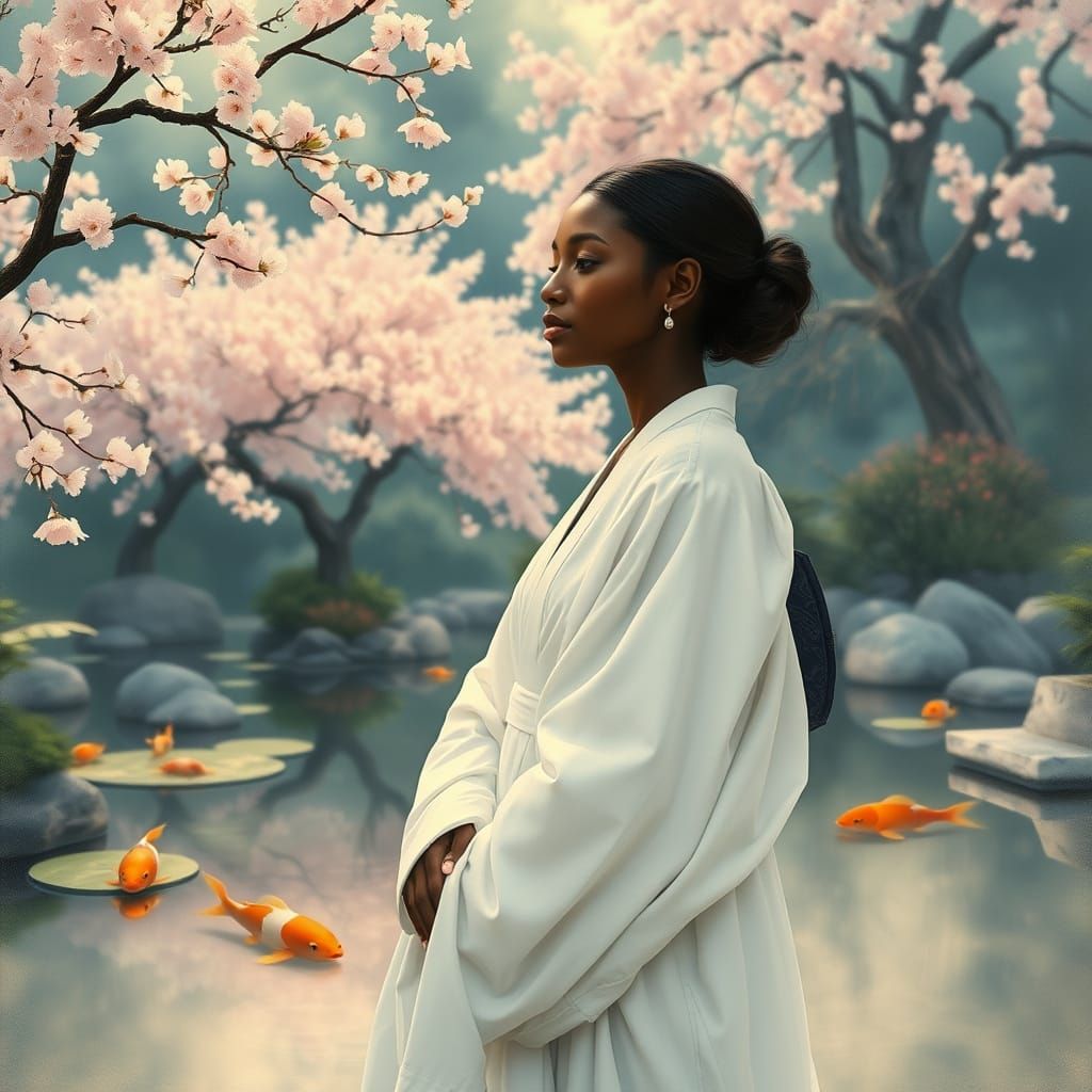 Serene Woman in Zen Garden, Art Nouveau Style