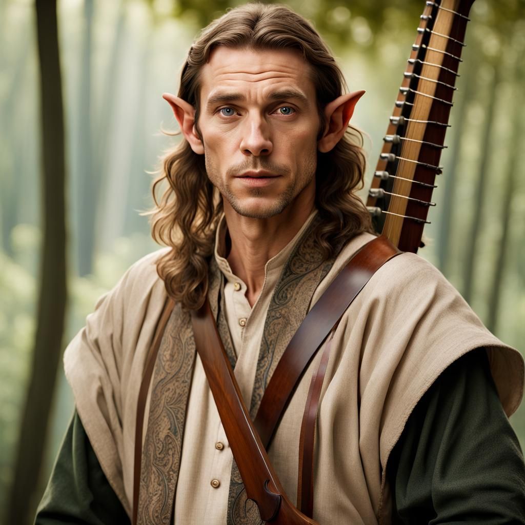 Elven Bard Portrait with Lute and Staff
